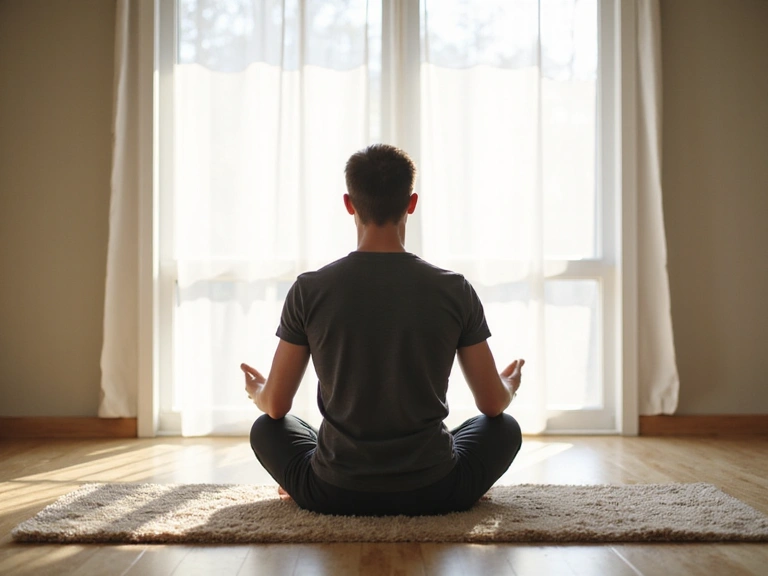 Čovjek meditira u mirnom okruženju, simbolizirajući opuštanje i unutarnji mir.