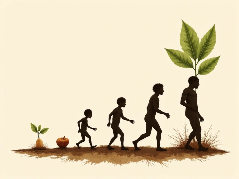 Ilustracija povijesnog razvoja s organskim elementima, prikazuje rast od sjemena do zrele biljke, simbolizirajući evoluciju i prirodni napredak.